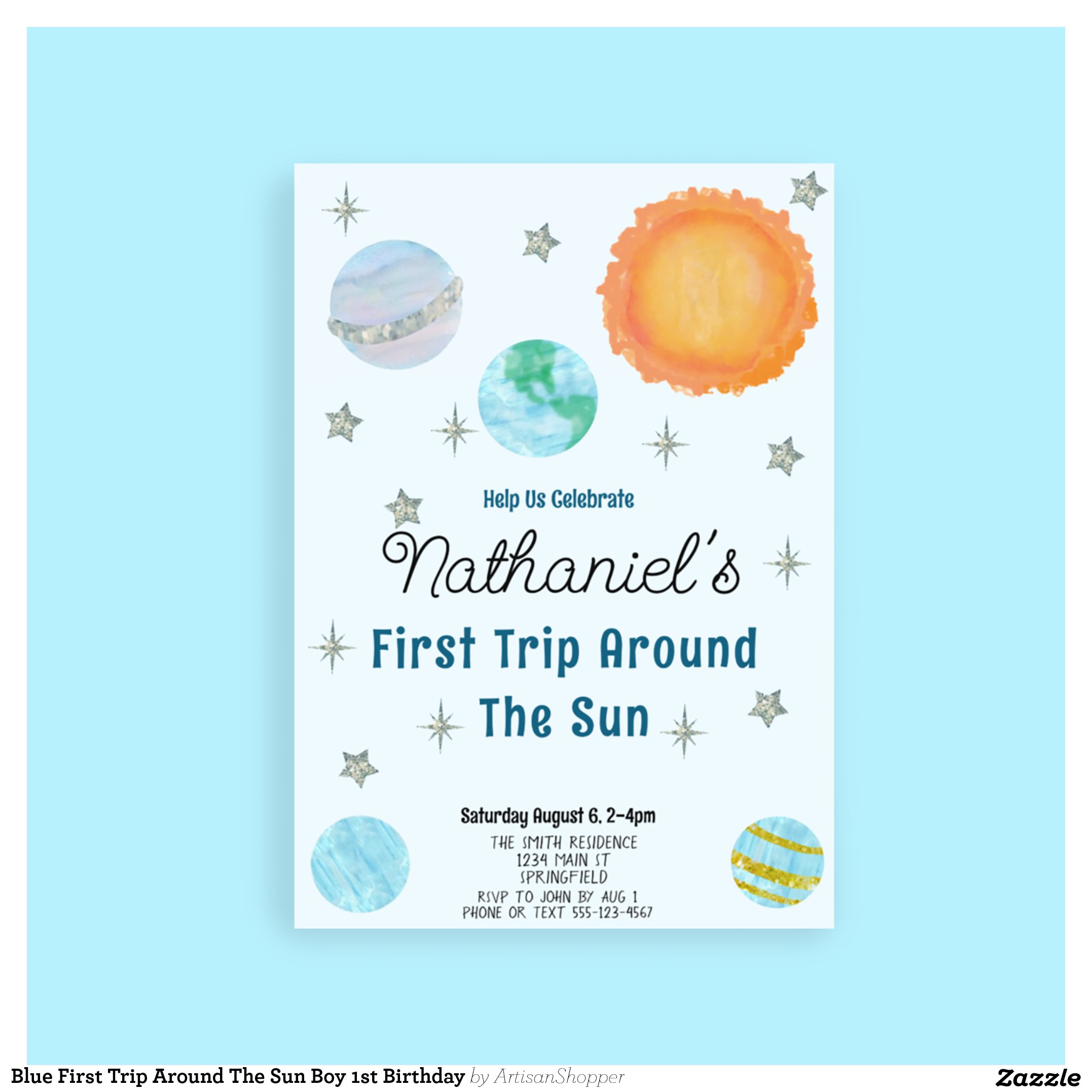 Blue First Trip Around The Sun Boy 1st Birthday Invitation
