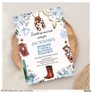 Blue Floral Boys First rodeo 1st birthday Invitation