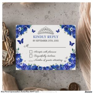 Blue Floral Quincea?era Butterflies RSVP Card