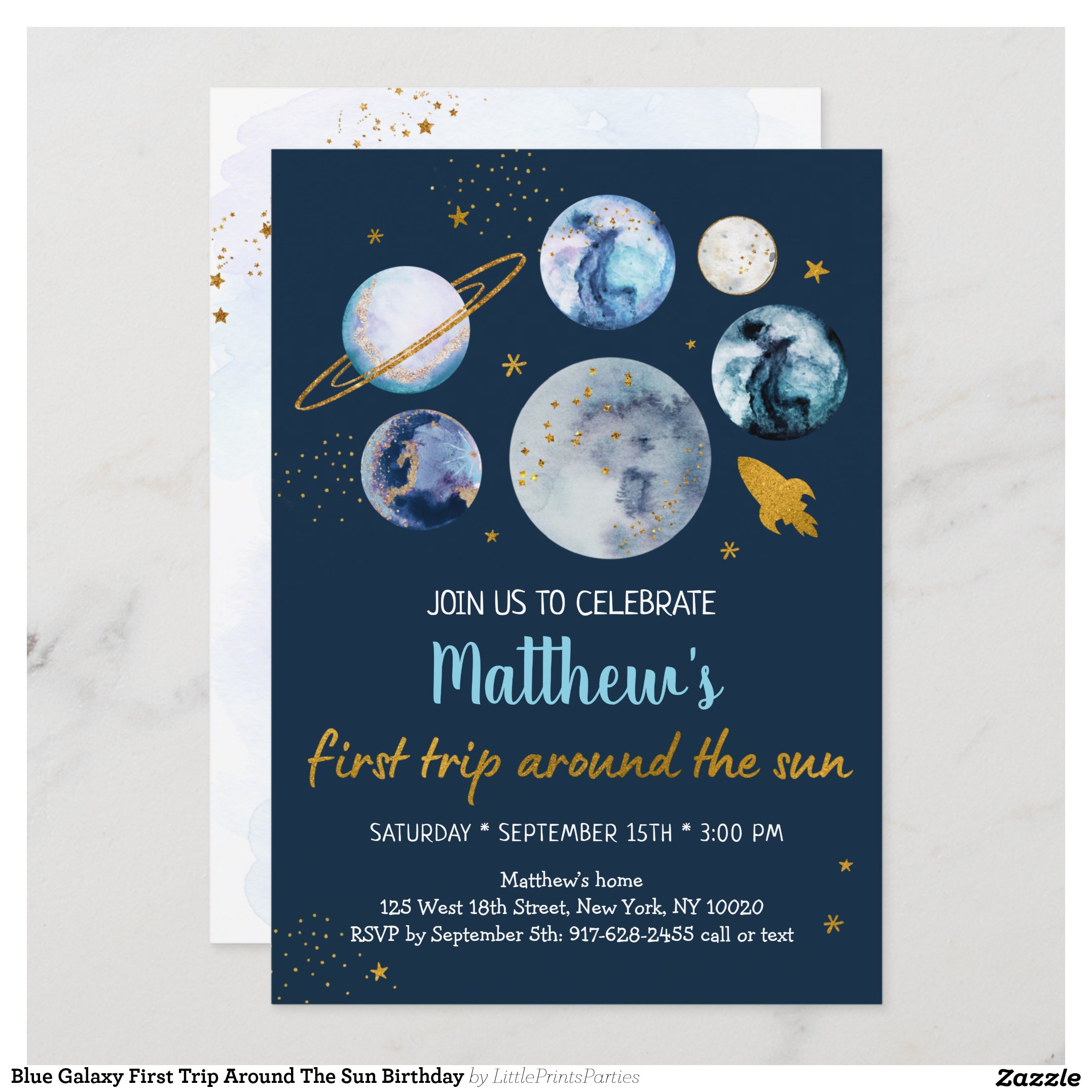Blue Galaxy First Trip Around The Sun Birthday Invitation