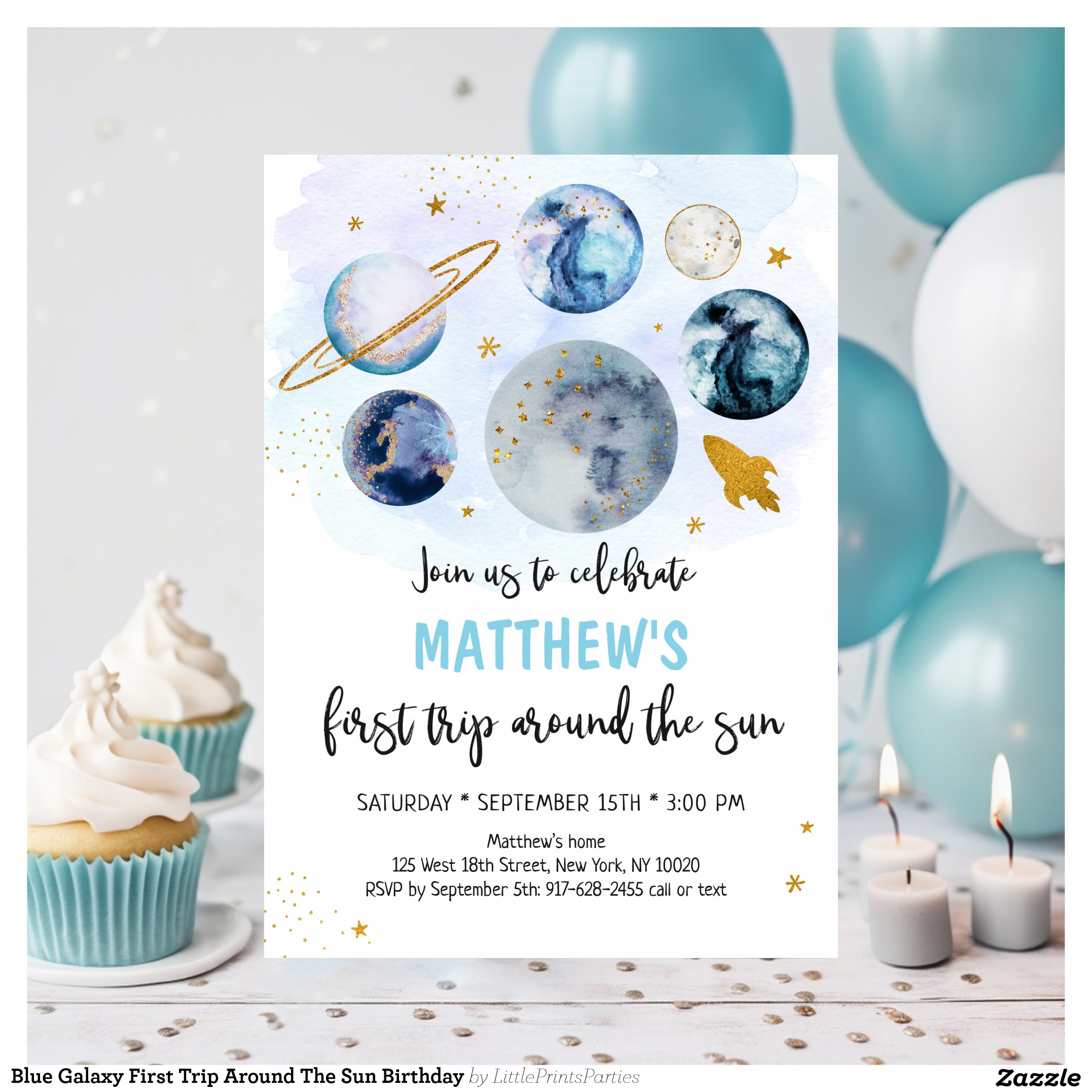 Blue Galaxy First Trip Around The Sun Birthday Invitation