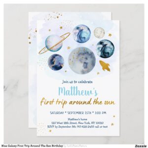 Blue Galaxy First Trip Around The Sun Birthday Invitation