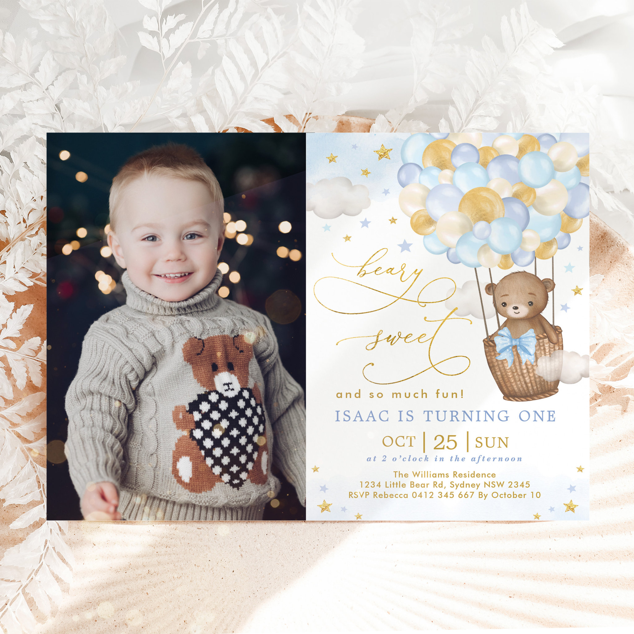 Blue Gold Bear Hot Air Balloon Boy 1st Birthday Invitation