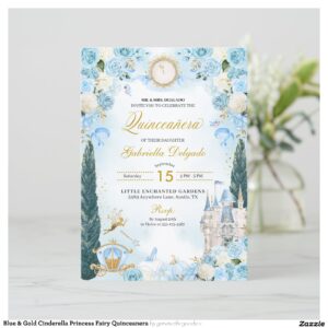 Blue & Gold Cinderella Princess Fairy Quinceanera Invitation