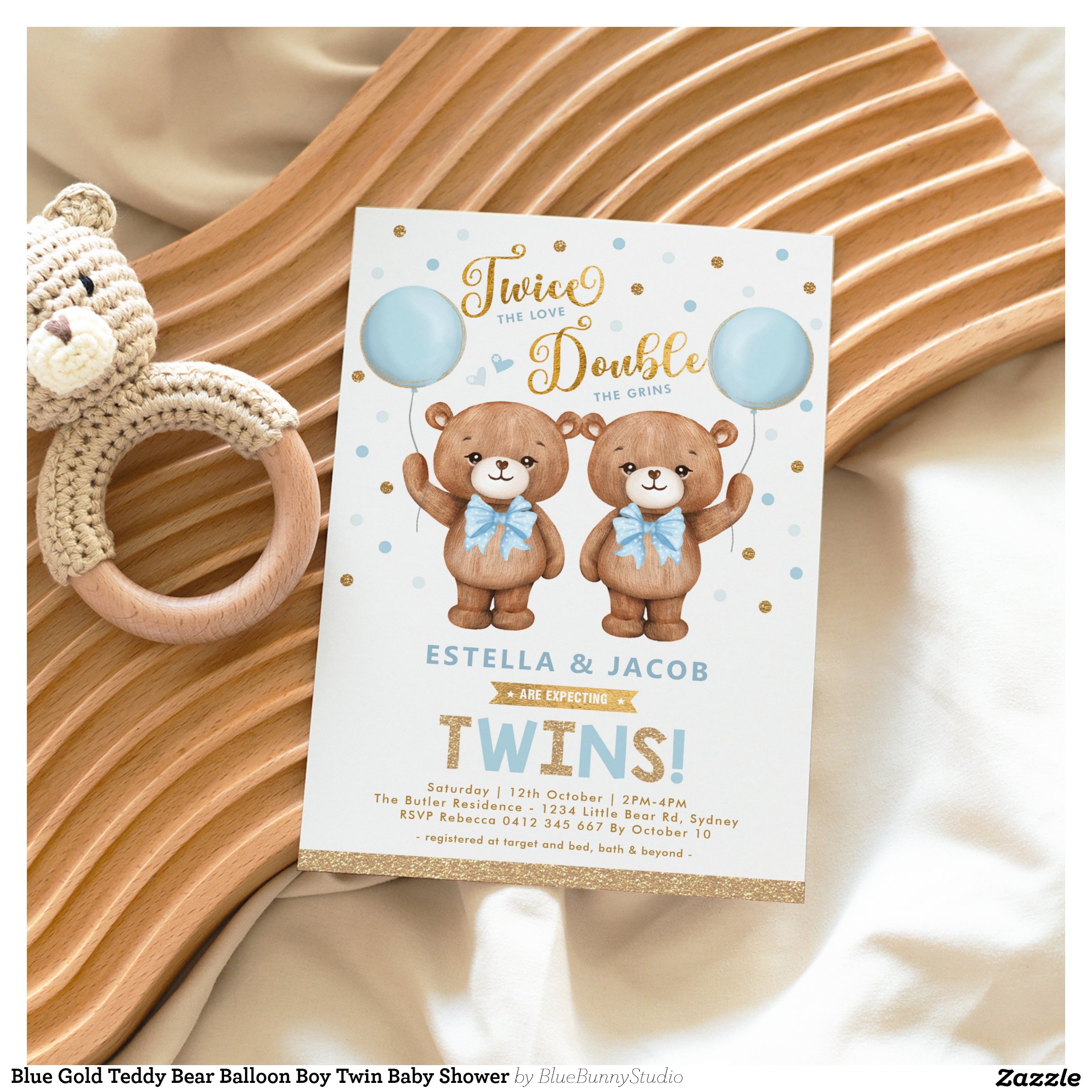 Blue Gold Teddy Bear Balloon Boy Twin Baby Shower Invitation