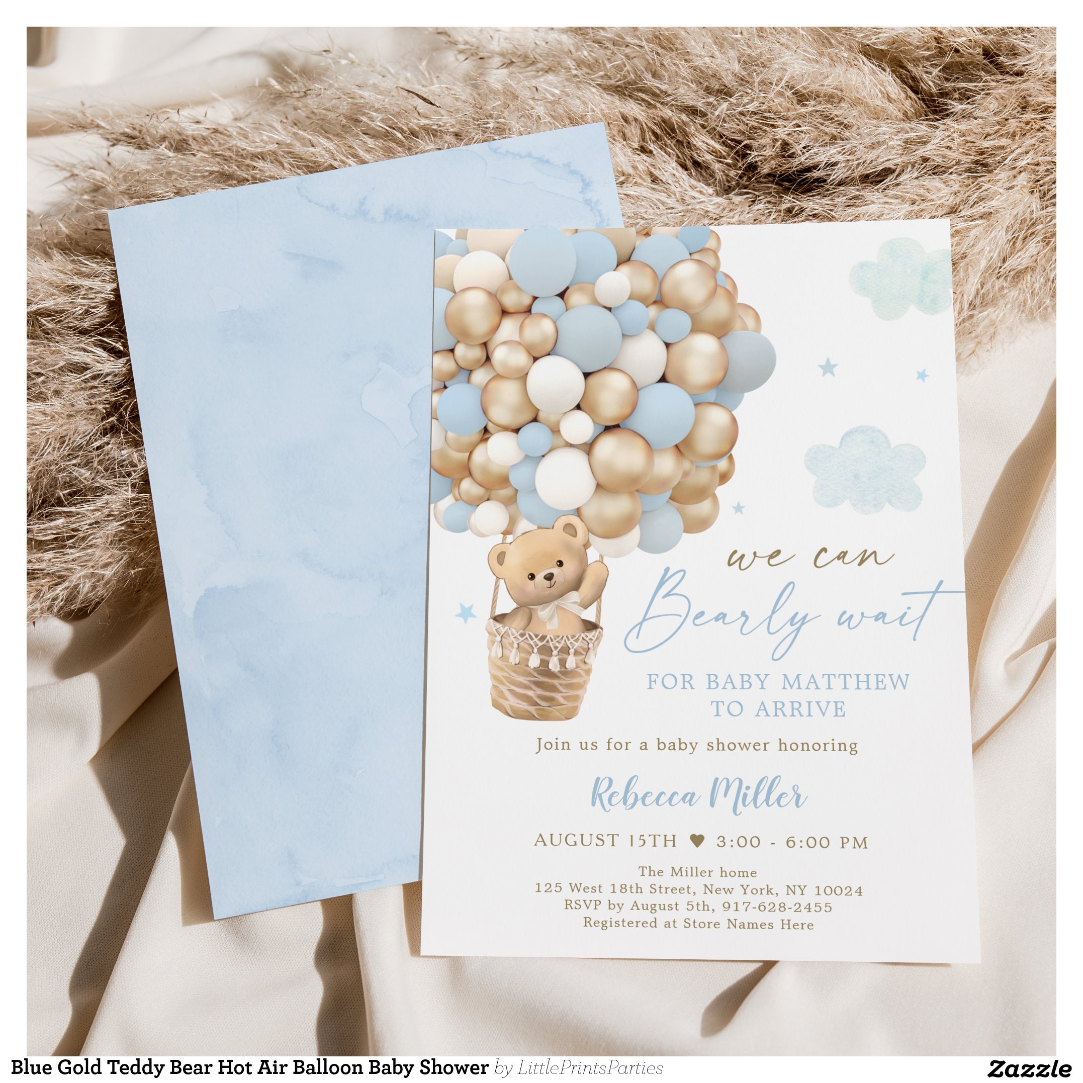 Blue Gold Teddy Bear Hot Air Balloon Baby Shower Invitation