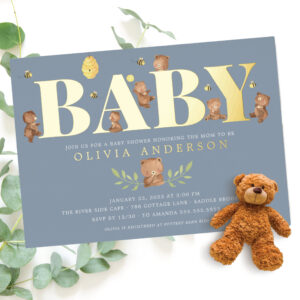 Blue Honey Bear Baby Shower Invitation Foil Invitation