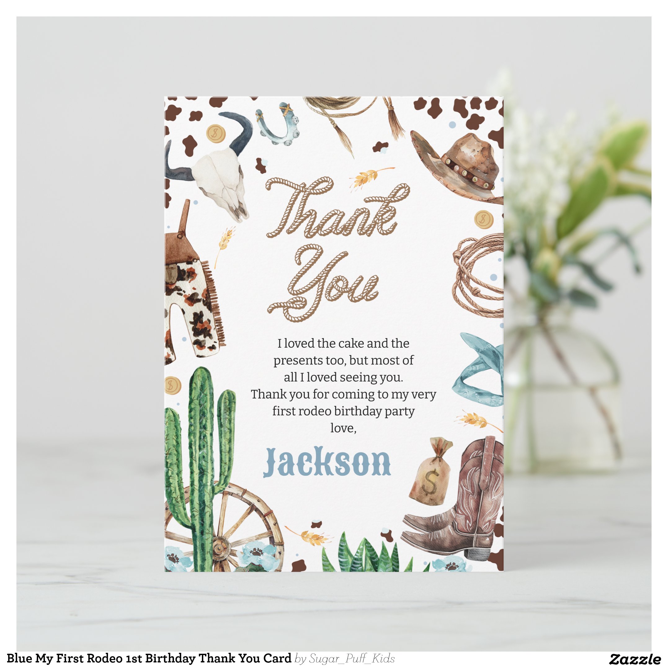 Blue My First Rodeo 1st Birthday Thank You Card