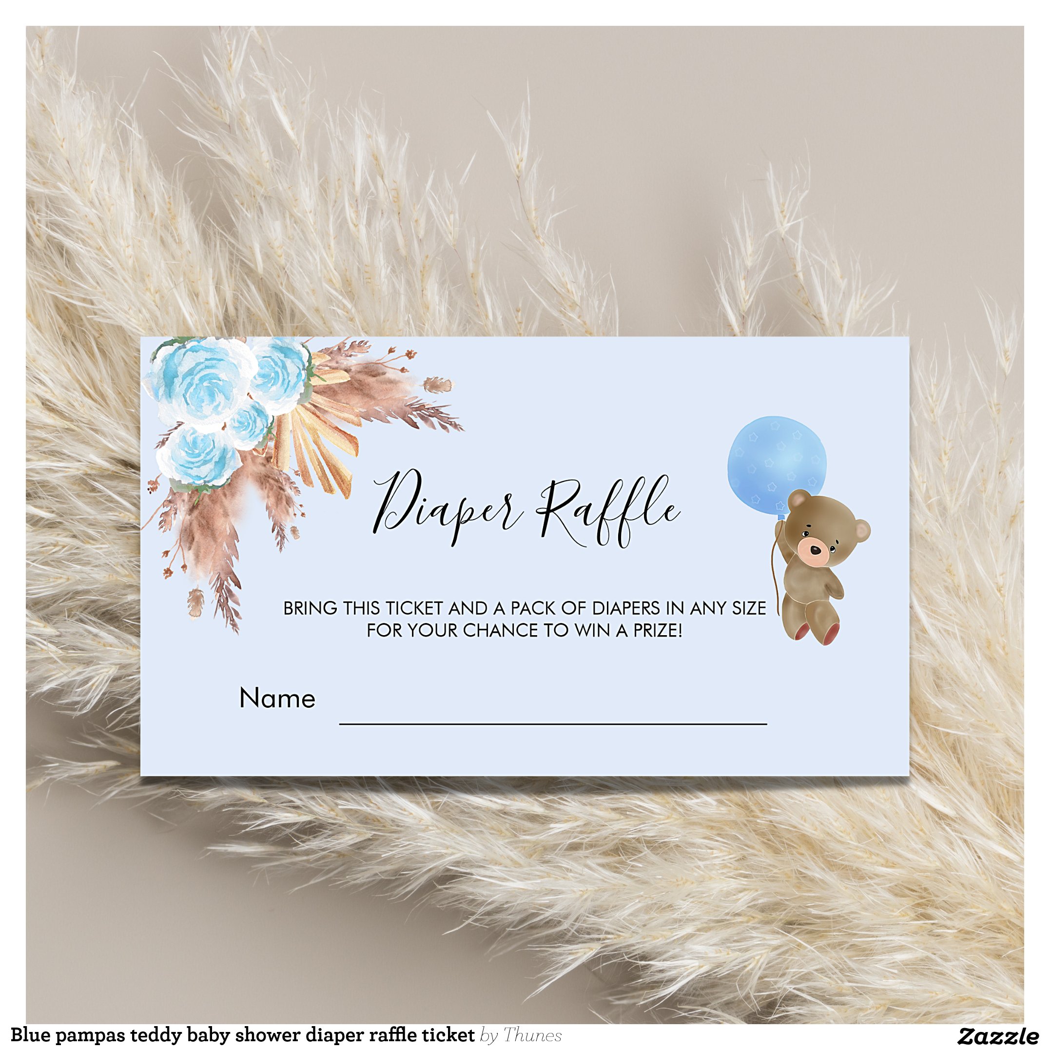 Blue pampas teddy baby shower diaper raffle ticket enclosure card