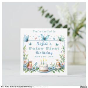 Blue Pastel Butterfly Fairy First Birthday - Invitation