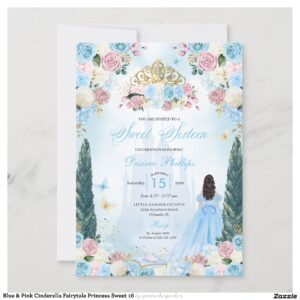 Blue & Pink Cinderella Fairytale Princess Sweet 16 Invitation