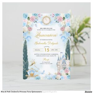 Blue & Pink Cinderella Princess Fairy Quinceanera Invitation