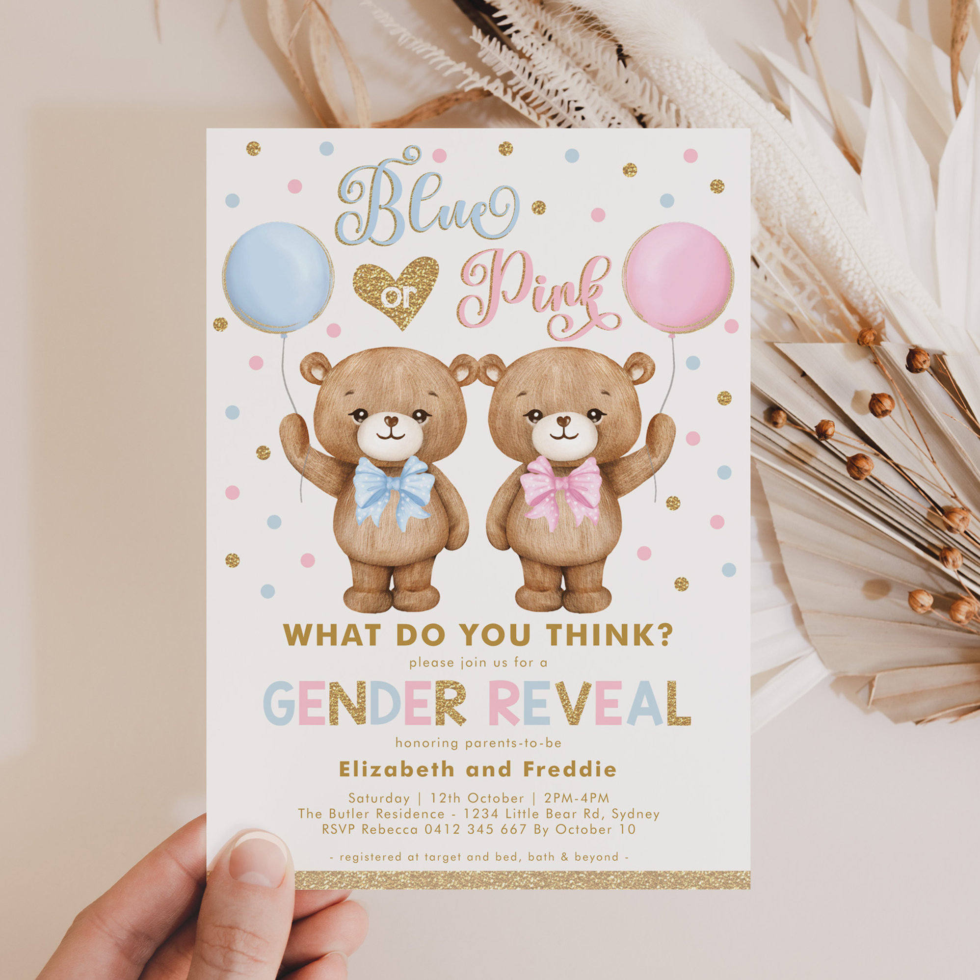 Blue Pink Gold Teddy Bear Gender Reveal Baby Invitation