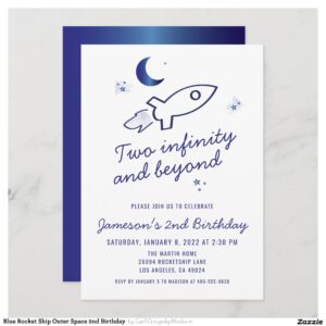 Blue Rocket Ship Outer Space 2nd Birthday Invitation