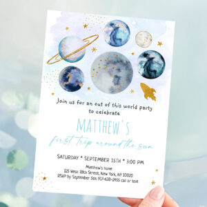 Blue Space First Trip Around The Sun Birthday Invitation