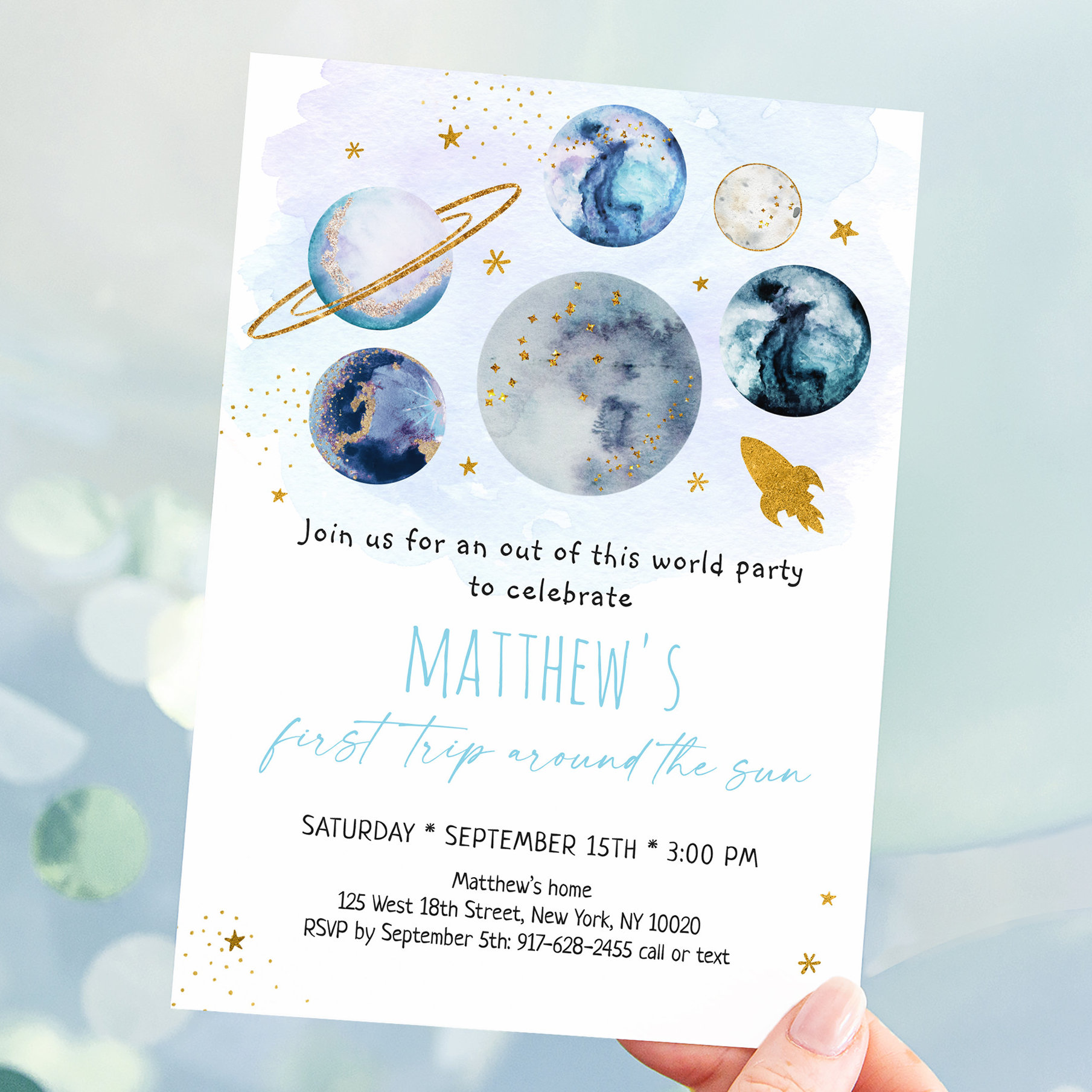 Blue Space First Trip Around The Sun Birthday Invitation