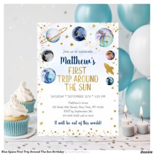 Blue Space First Trip Around The Sun Birthday Invitation