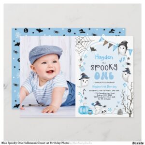 Blue Spooky One Halloween Ghost 1st Birthday Photo Invitation