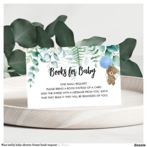 Blue teddy baby shower forest book request enclosure card