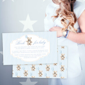 Blue teddy bear balloon book for baby boy shower enclosure card