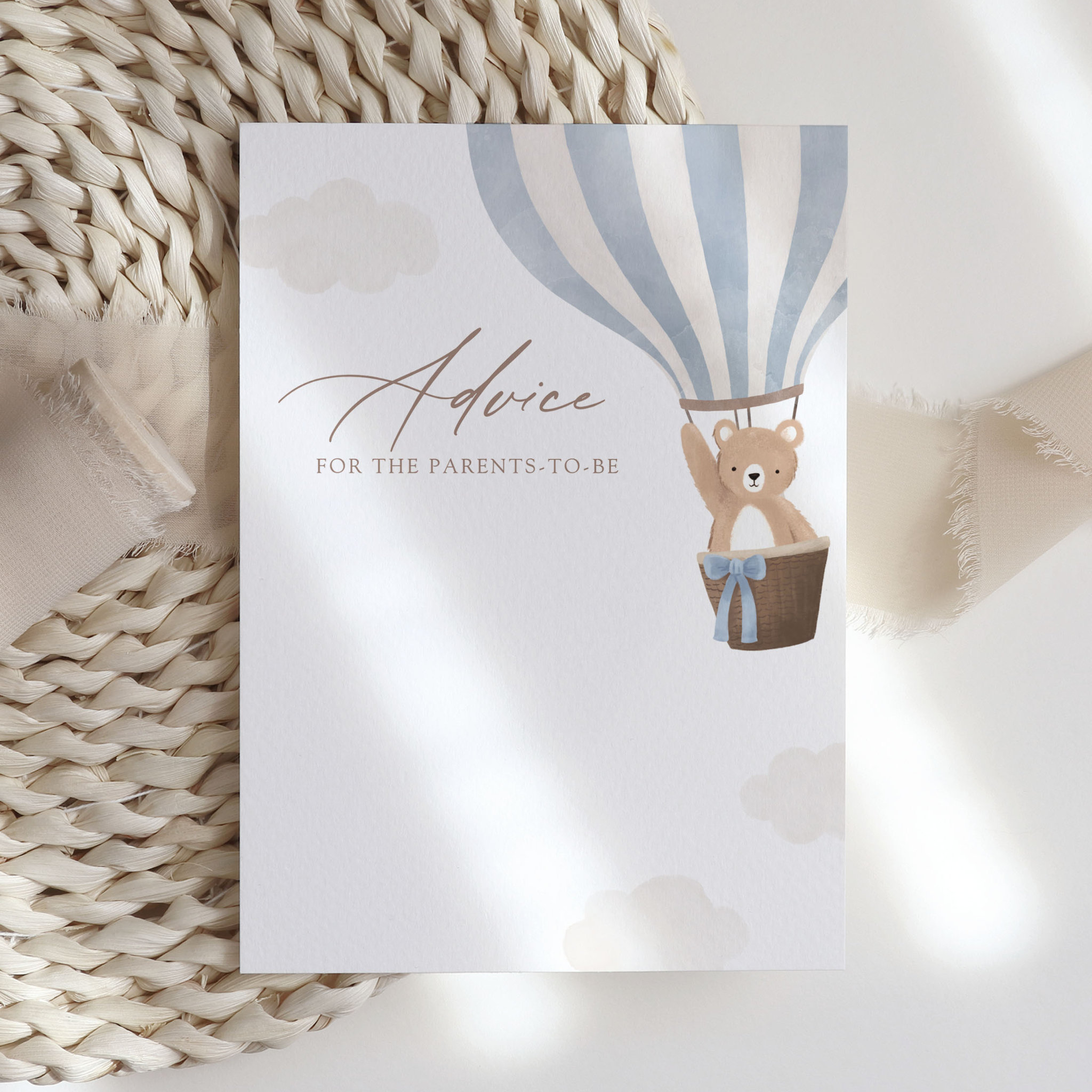 Blue Teddy Bear Hot Air Balloon Baby Shower Advice Invitation
