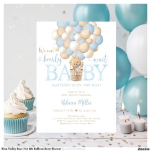 Blue Teddy Bear Hot Air Balloon Baby Shower Invitation