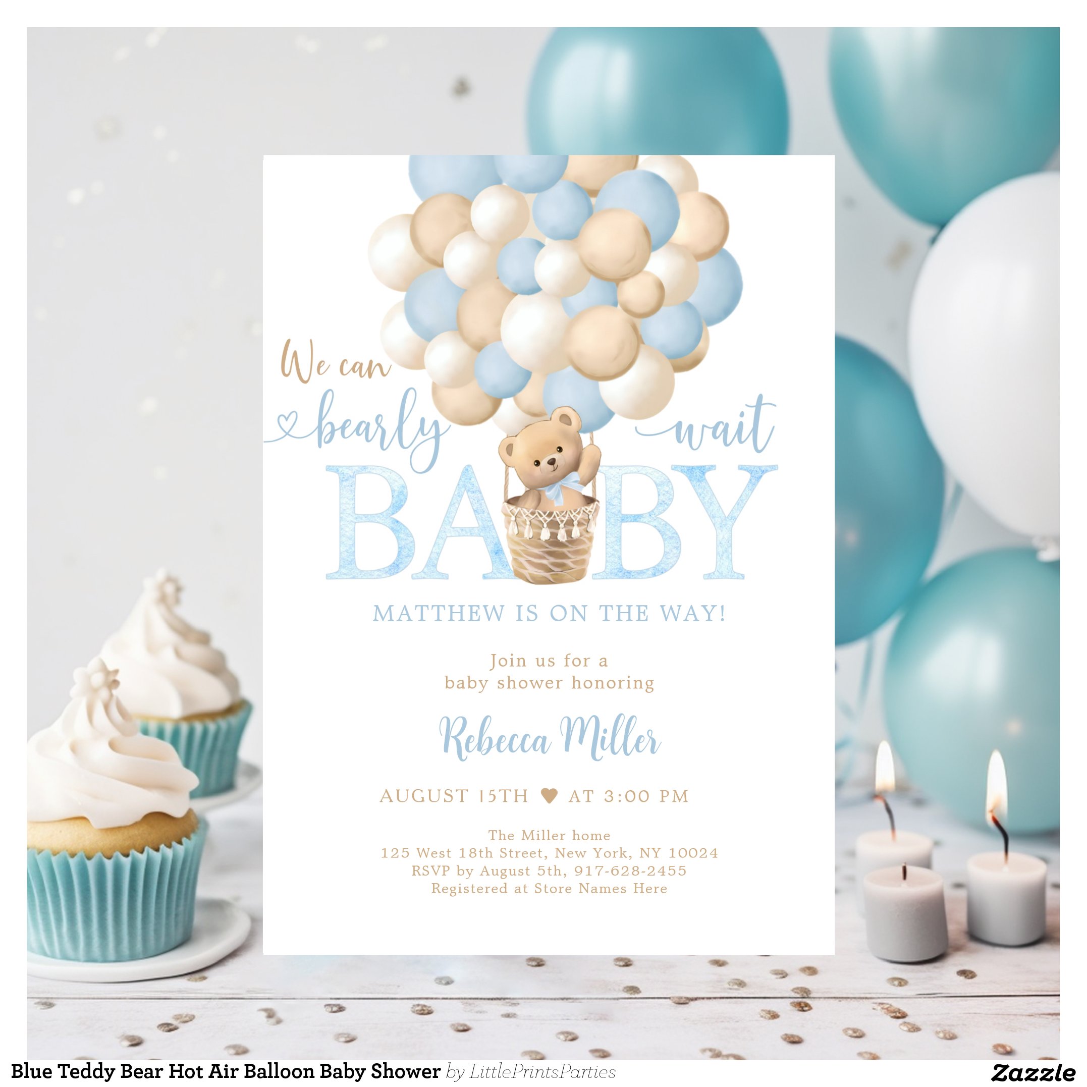 Blue Teddy Bear Hot Air Balloon Baby Shower Invitation