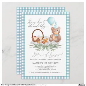 Blue Teddy Bear Picnic First Birthday Balloons Invitation