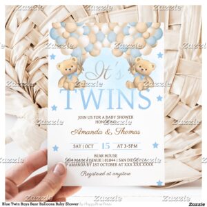 Blue Twin Boys Bear Balloons Baby Shower Invitation