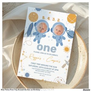 Blue Twins First Trip Around the Sun 1st Birthday Invitation