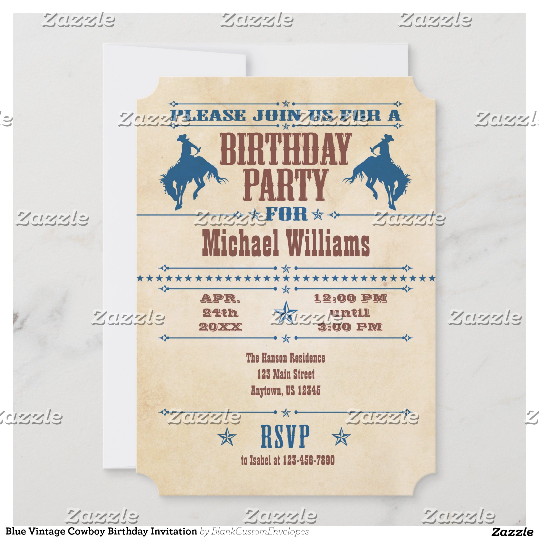 Blue Vintage Cowboy Birthday Invitation