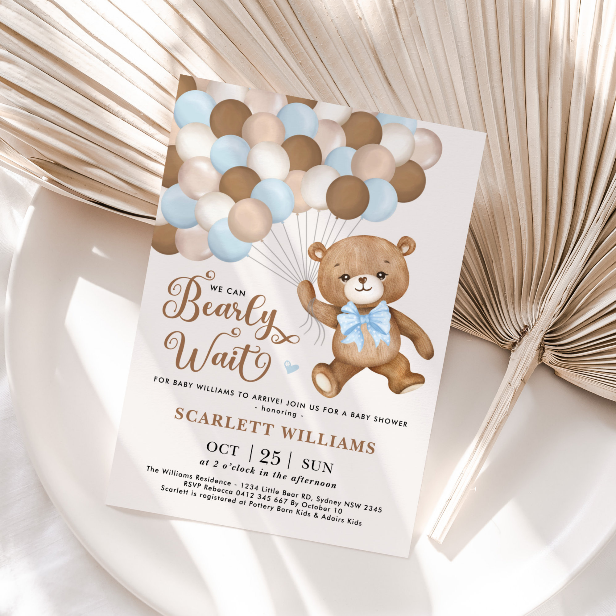 Blue We Can Bearly Wait Teddy Bear Baby Shower Invitation