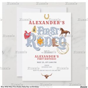 Blue Wild West First Rodeo Baby Boy 1st Birthday Invitation