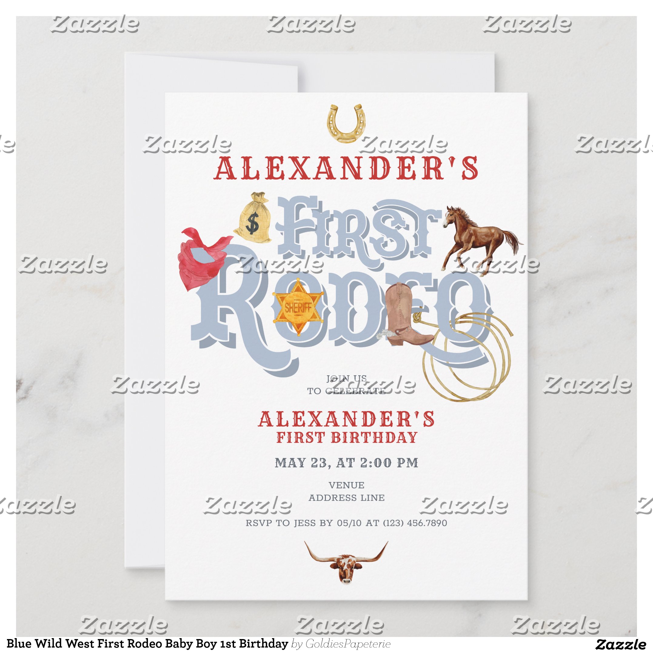 Blue Wild West First Rodeo Baby Boy 1st Birthday Invitation