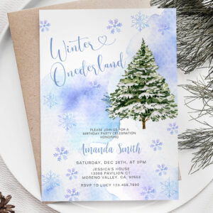 Blue Winter Pine Tree Onederland 1st Birthday Invitation