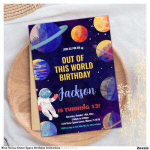 Blue Yellow Outer Space Birthday Invitations