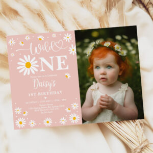 Blush Boho Daisy Floral Wild One Photo Birthday Invitation