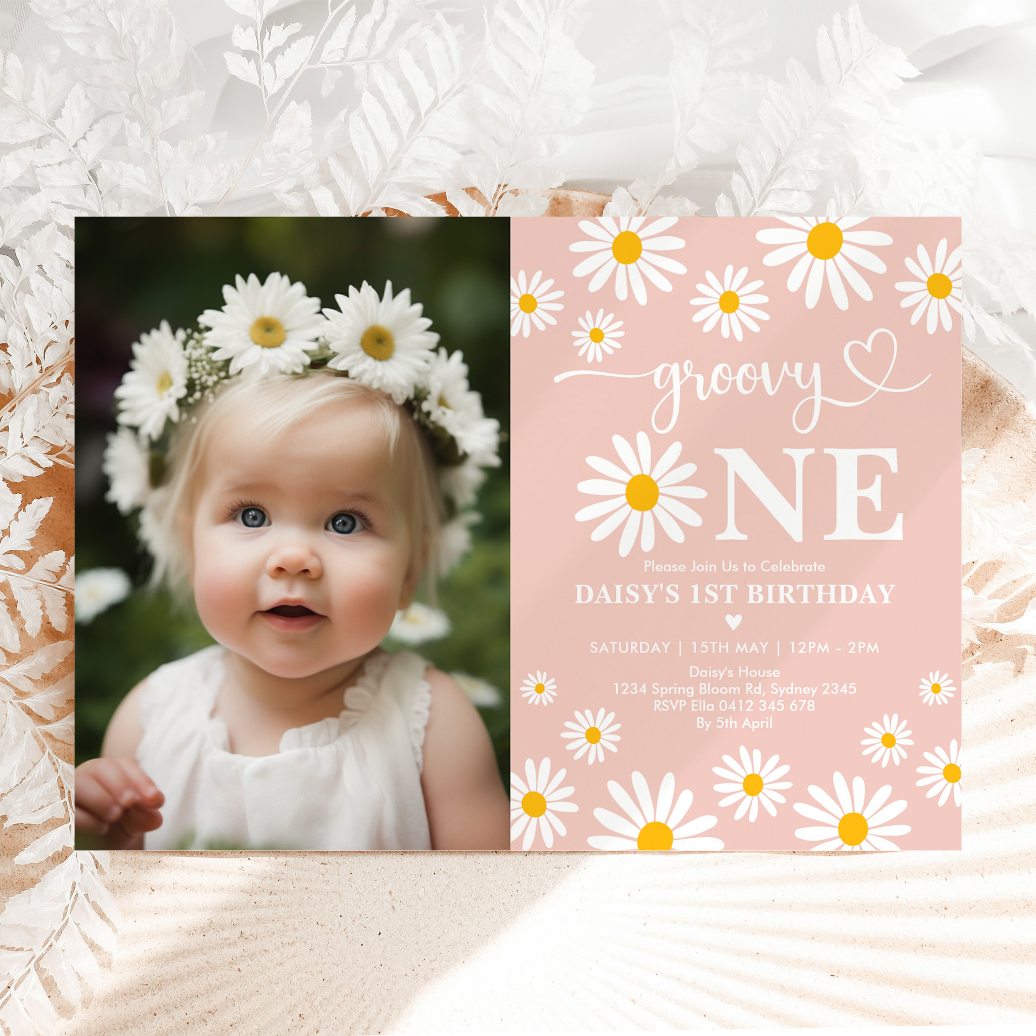 Blush Boho Daisy Groovy One 1st Birthday Photo Invitation