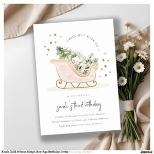 Blush Gold Winter Sleigh Any Age Birthday Invite