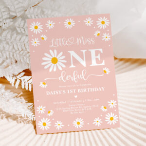Blush Little Miss ONEderful Daisy Flowers Birthday Invitation