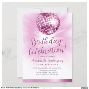 Blush Pink Glitter 70s Party Disco Ball Birthday I Invitation