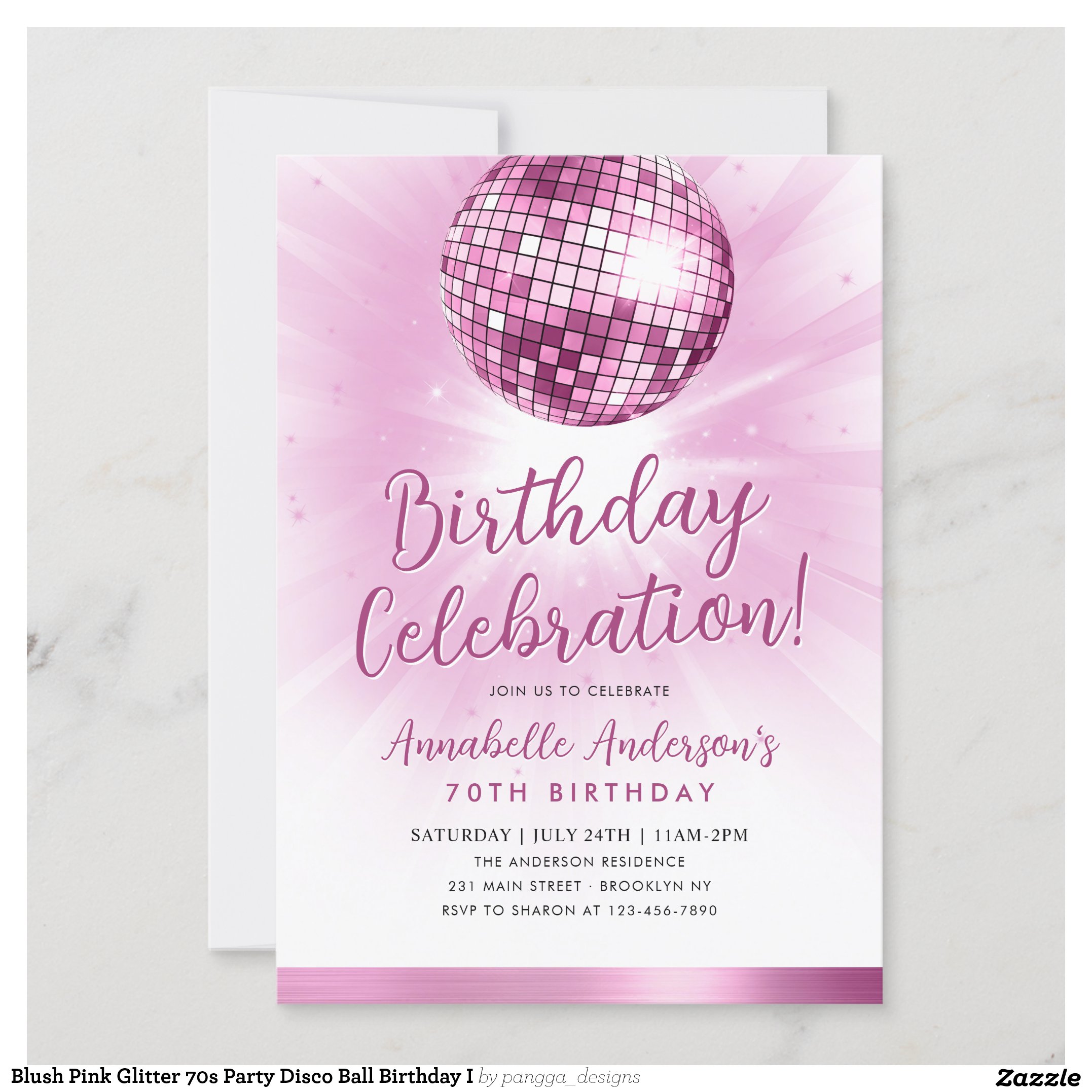 Blush Pink Glitter 70s Party Disco Ball Birthday I Invitation
