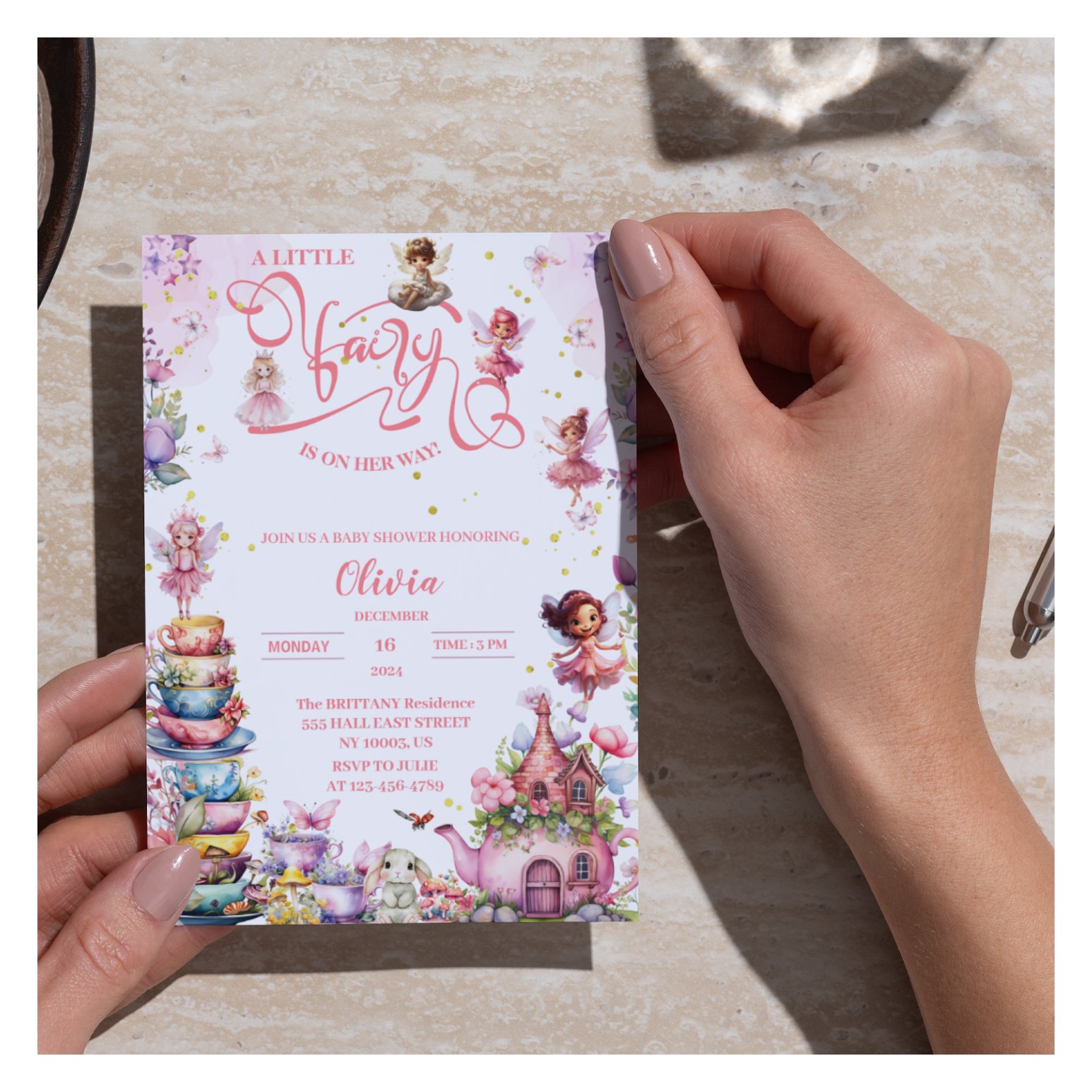 blush rose floral fairy Baby Shower tea Invitation