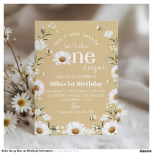 Boho Daisy Bee 1st Birthday Invitation