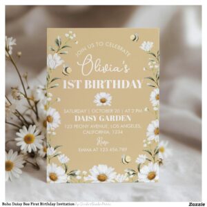 Boho Daisy Bee First Birthday Invitation