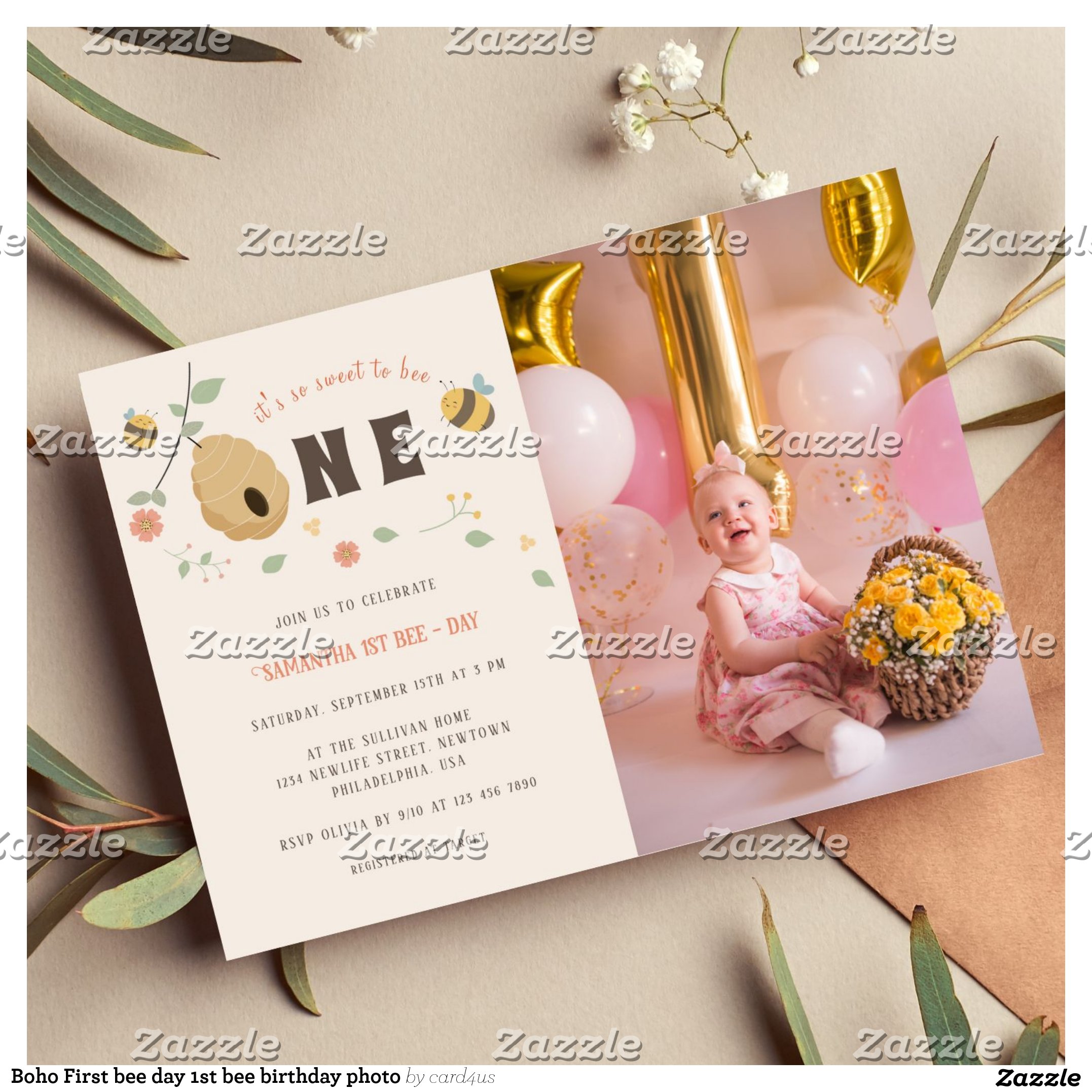Boho First bee day 1st bee birthday photo Invitation