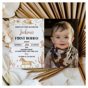 Boho First Rodeo 1st Birthday Photo Invitation