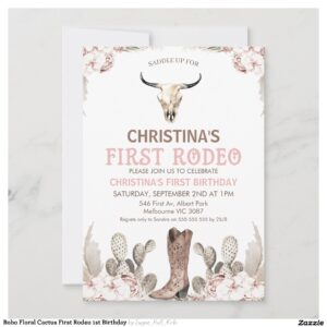 Boho Floral Cactus First Rodeo 1st Birthday Invitation