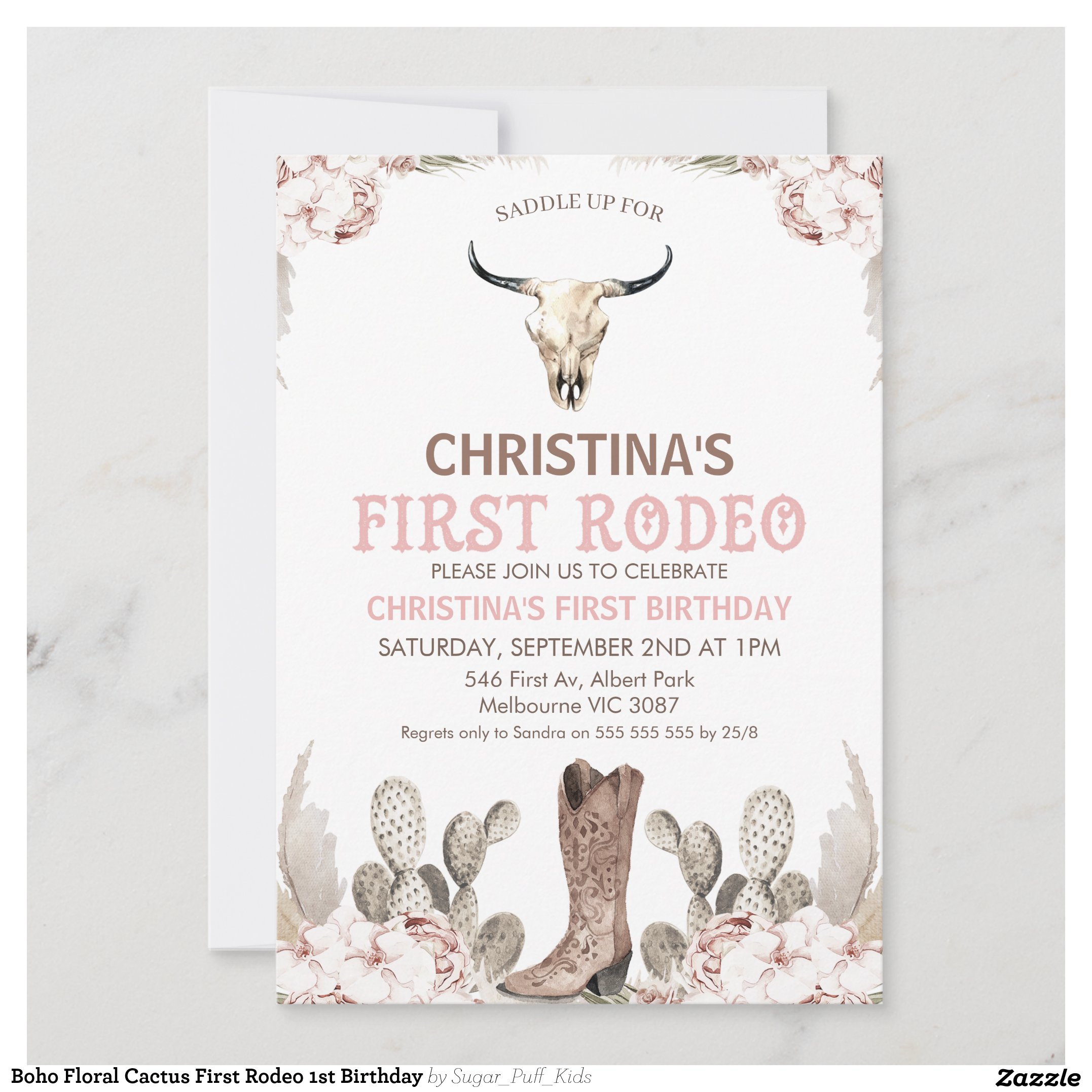 Boho Floral Cactus First Rodeo 1st Birthday Invitation