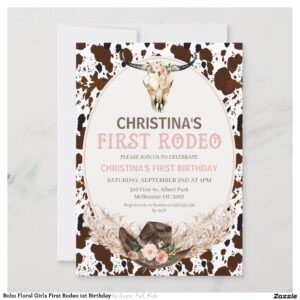Boho Floral Girls First Rodeo 1st Birthday Invitation